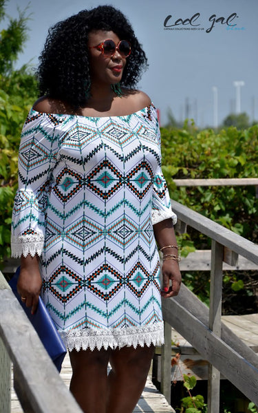 Assa Cisse Tribal Print Off Shoulder Crochet Trim Dress (Sizes 18 - 22) - Society+ - Society Plus - Plus Size Fashion - 1